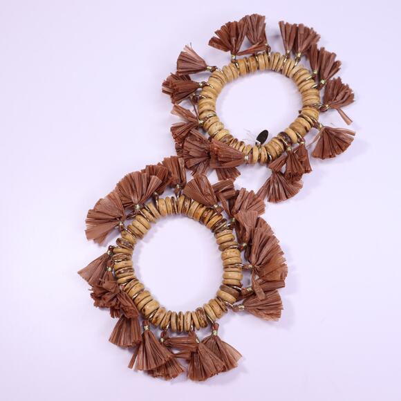 NATASHA Set of Raffia Tassel Elastic Bracelet Brown - Picture 2 of 3